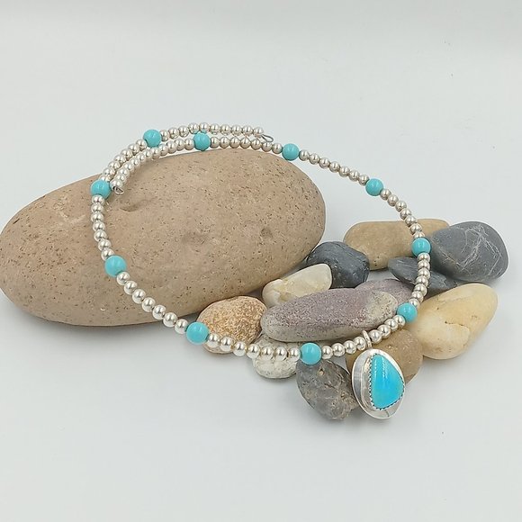 Vintage Sterling Silver Beaded Turquoise Choker - Picture 2 of 16